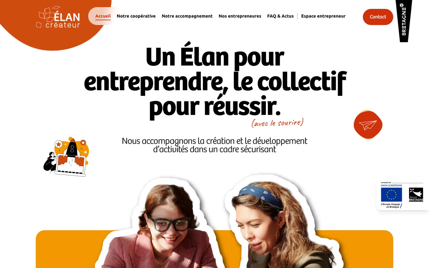 Accueil du site d'Élan créateur : « Un Élan pour entreprendre, le collectif pour réussir (avec le sourire) », avec le bouton Contact et des photos d'entrepreneures.
