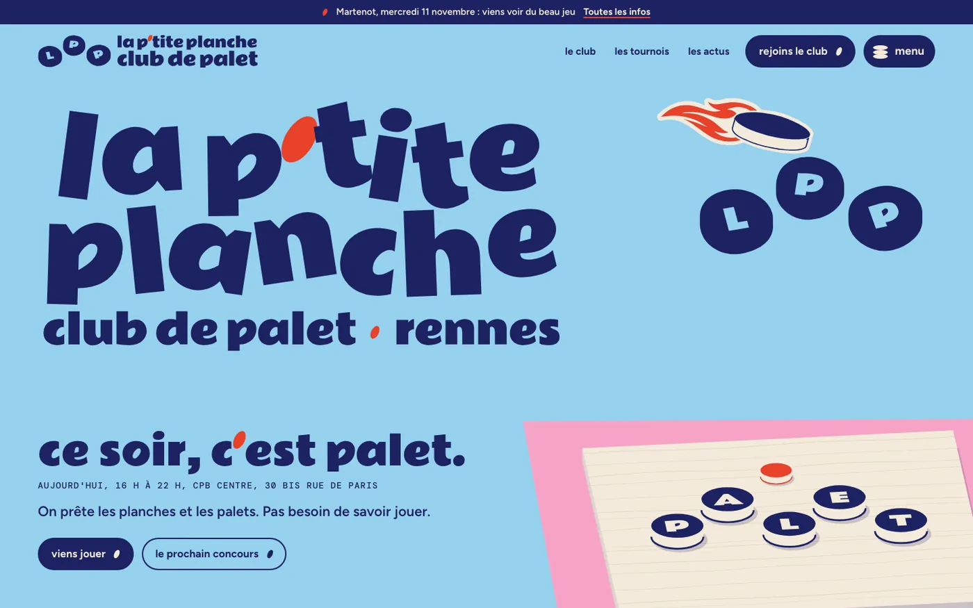 Accueil du site de La P'tite Planche : « la p'tite planche, club de palet, Rennes » en grandes lettres bleues, et l'accroche « ce soir, c'est palet ».