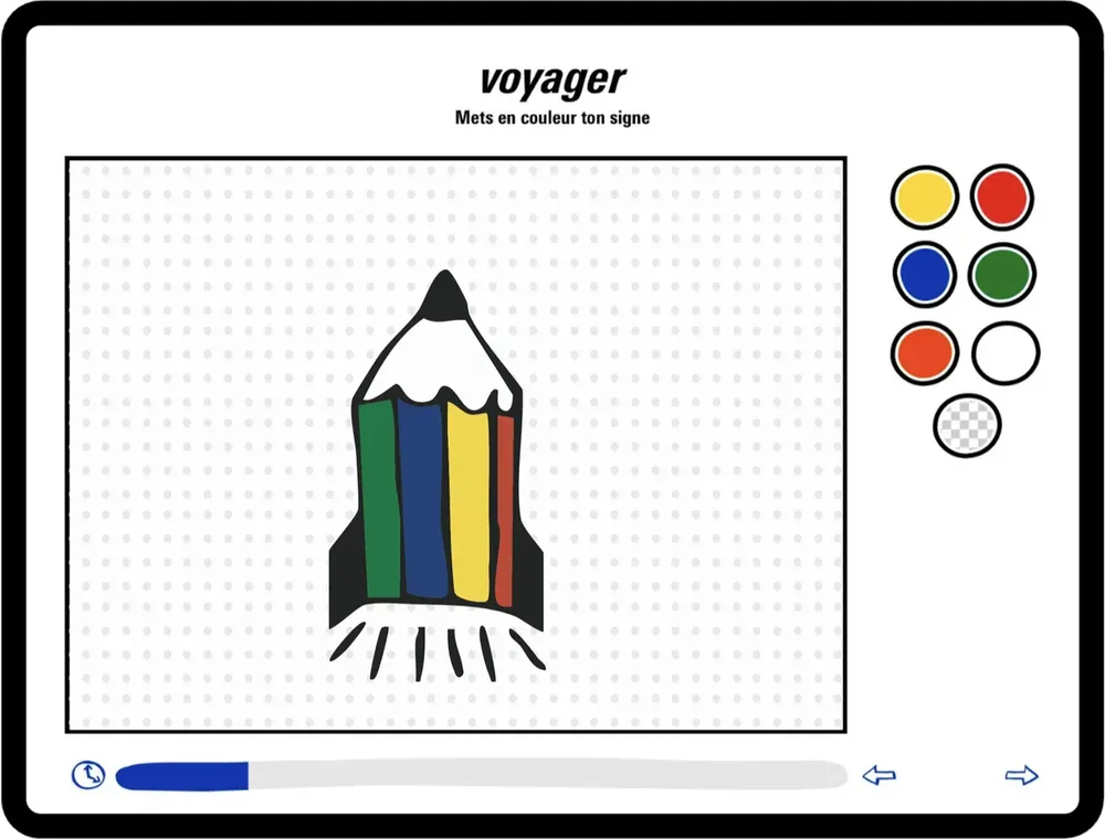 Écran du jeu : le mot « voyager » et une fusée en forme de crayon à colorier.