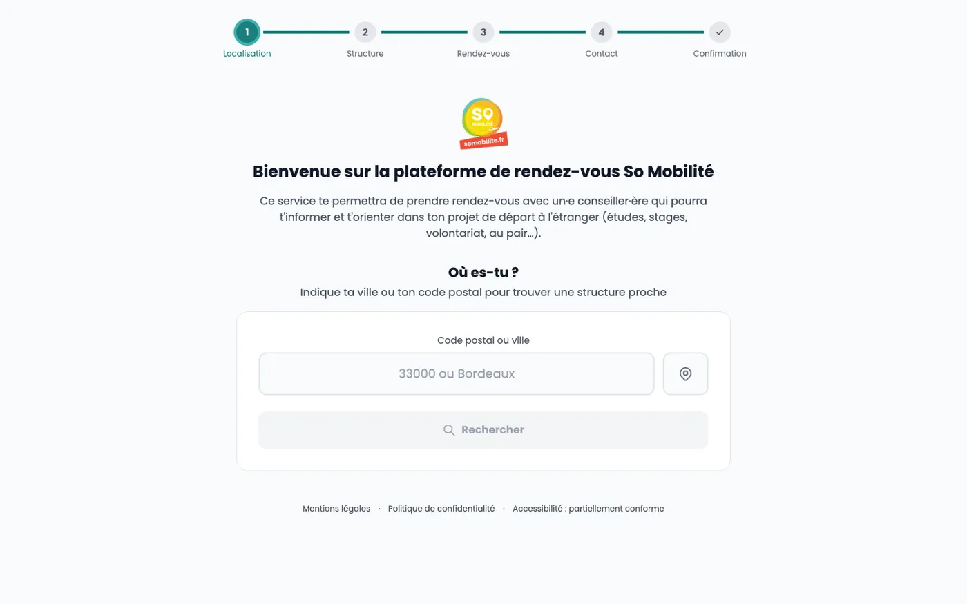 Plateforme de rendez-vous So Mobilité : un parcours en cinq étapes (localisation, structure, rendez-vous, contact, confirmation) qui commence par la ville ou le code postal du jeune.