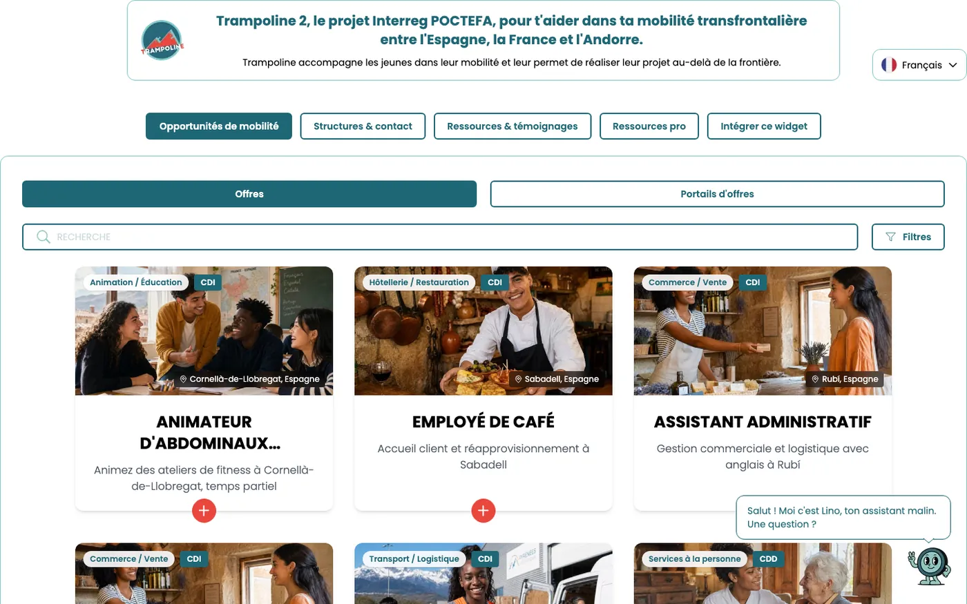 Accueil de la plateforme Trampoline : des offres d'emploi en Espagne, en France et en Andorre, avec photo, métier et lieu, et l'assistant Lino en bas à droite.
