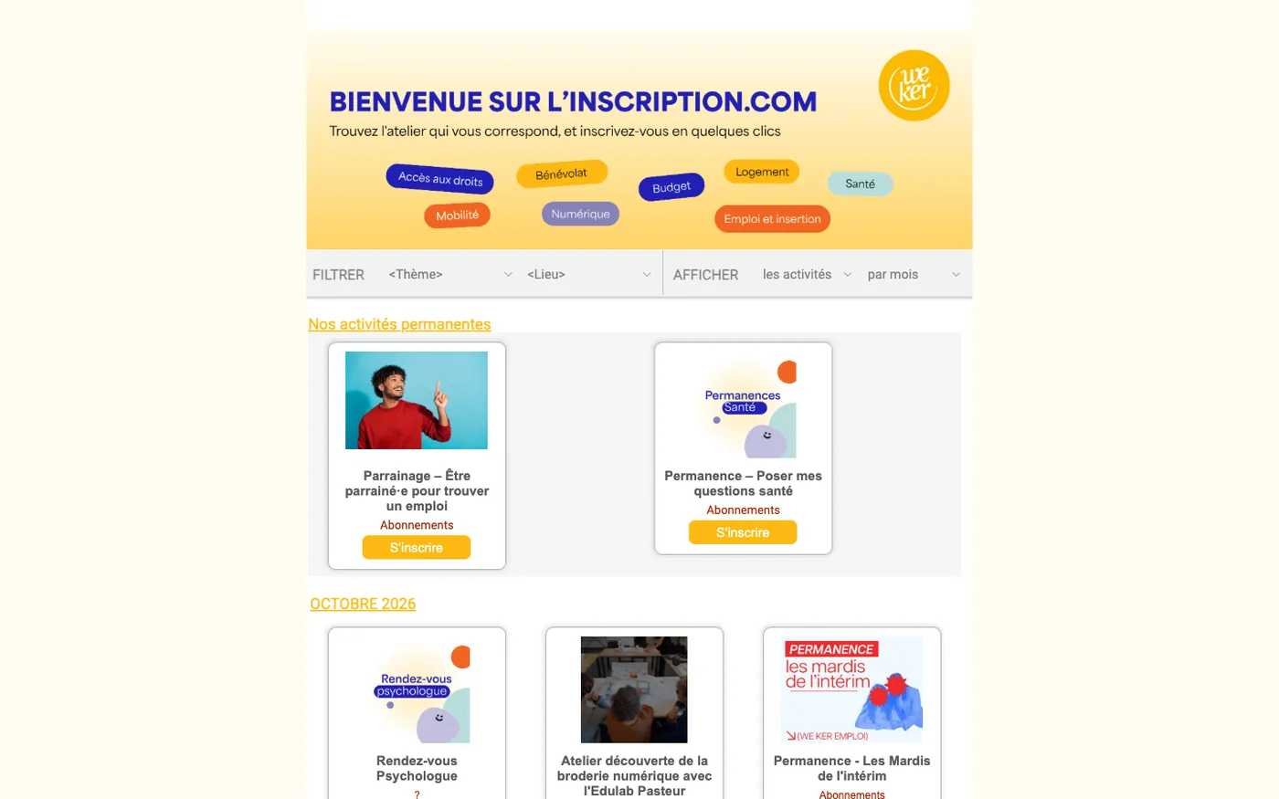 Catalogue des ateliers de We Ker sur linscription.com : des vignettes d'ateliers classées par mois, avec filtres par thème et par lieu.